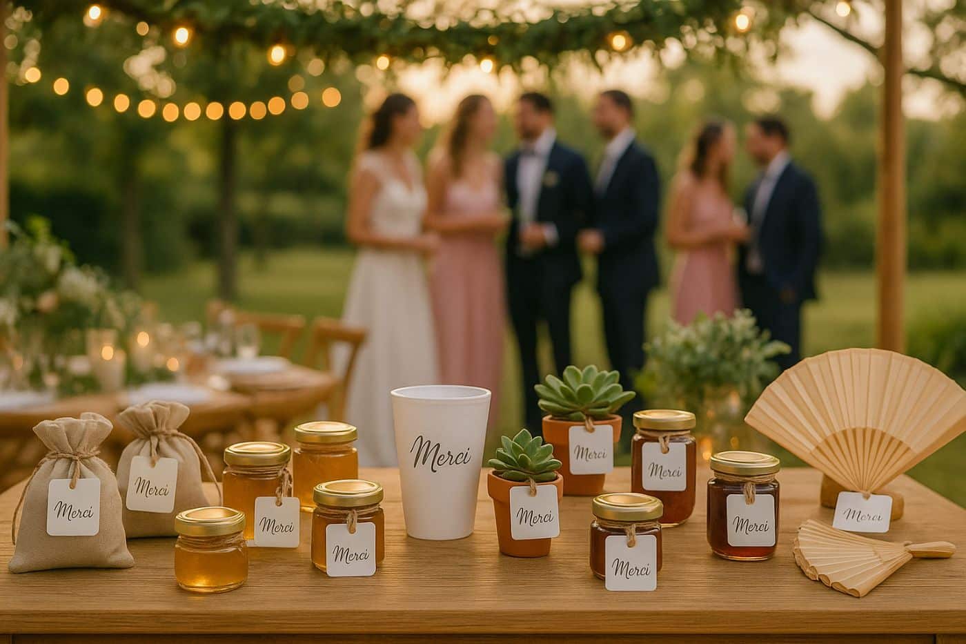 Sélection de cadeaux invités de mariage originaux sur une table en bois : sachets de lavande, pots de miel, plantes en pot, éventails, avec des invités élégants en arrière-plan dans un jardin chic et bohème.