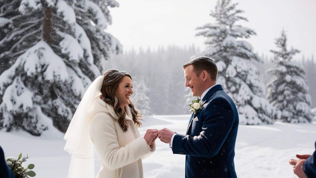 couple se marie sous la neige en plein hiver robe mariée chaude costume homme chaud sapin enneigé