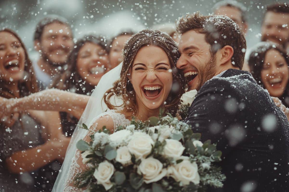 célébration mariage couple mariés sous la neige entourés des invités bouquet roses blanches