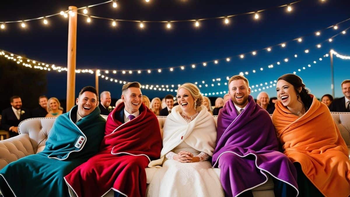 invités de mariage sous des couvertures chauffantes plaid en hiver nuit étoilée