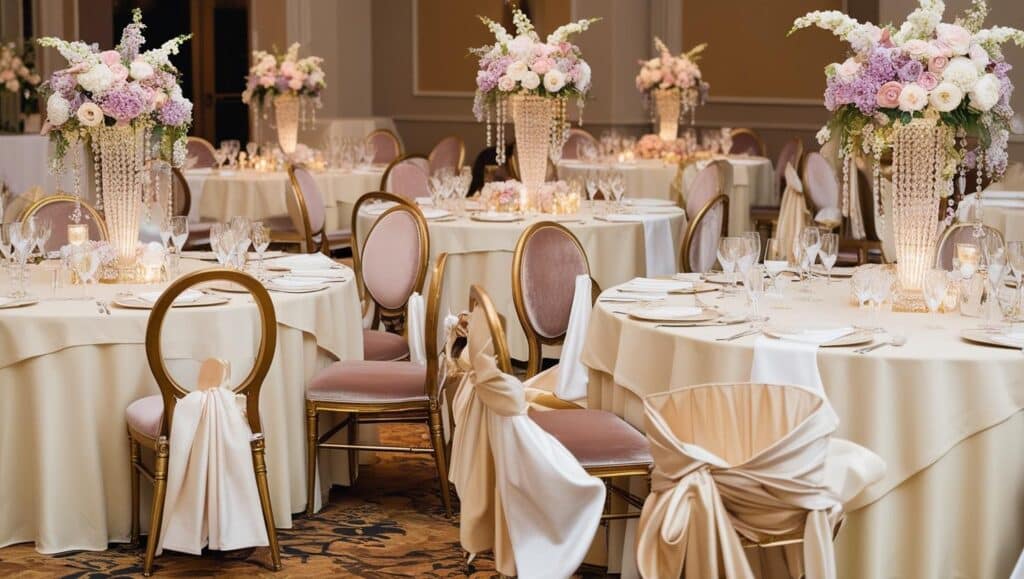 chaise décorative et nappes en location pour la décoration de salle de mariage réception deco astuces