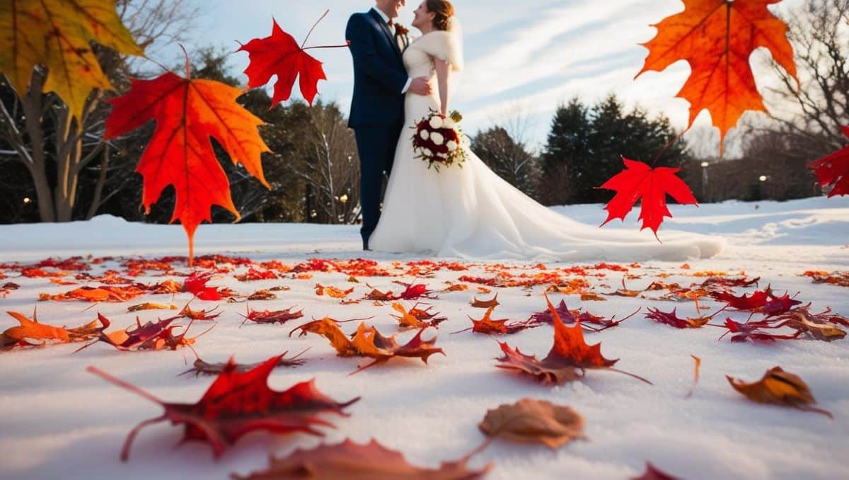 photo de mariage enneigé décor neige au sol feuille rouge et orange d'hiver couple costume robe blanche