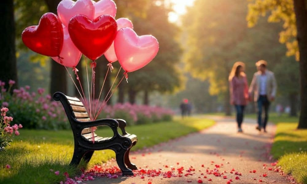 ballon saint valentin banc public amoureux ballade