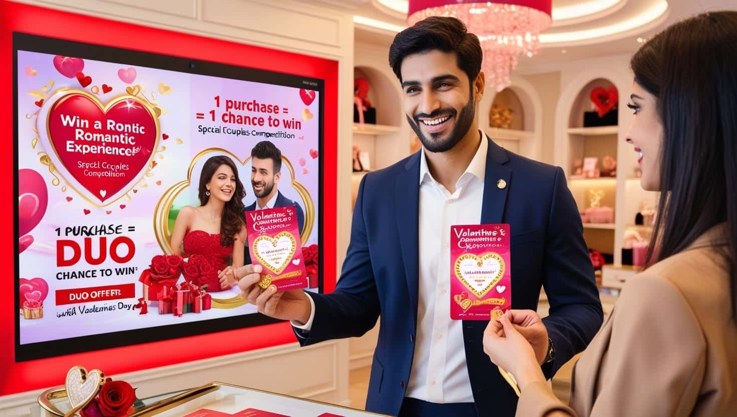 lient tenant un ticket de participation à un jeu concours animation marketing spéciale deco saint valentin