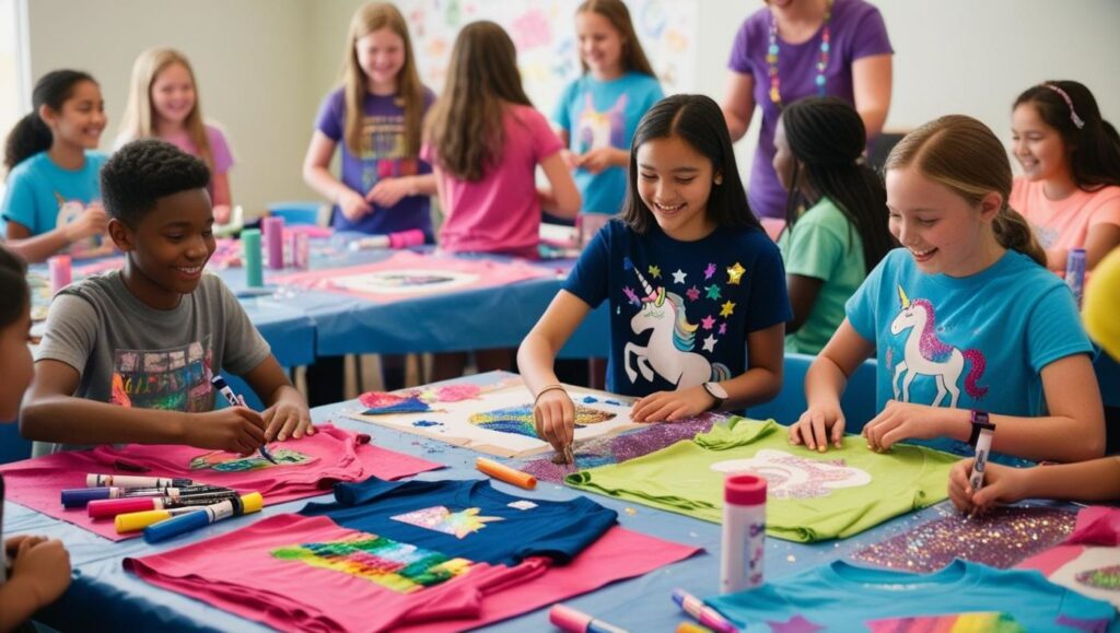groupe mixte de filles et garçons, âgés d'environ 12 ans, participe à un atelier de customisation de t-shirts dans un espace lumineux et coloré. Chaque enfant est assis autour d’une grande table recouverte de papier protecteur, entouré de pots de peinture textile, de marqueurs pour tissu, de pochoirs, et de petits accessoires comme des paillettes ou des patchs thermocollants. On voit un garçon concentré en train de dessiner un motif graphique sur son t-shirt avec des feutres colorés, tandis qu’une fille applique un pochoir pour créer un dessin de licorne