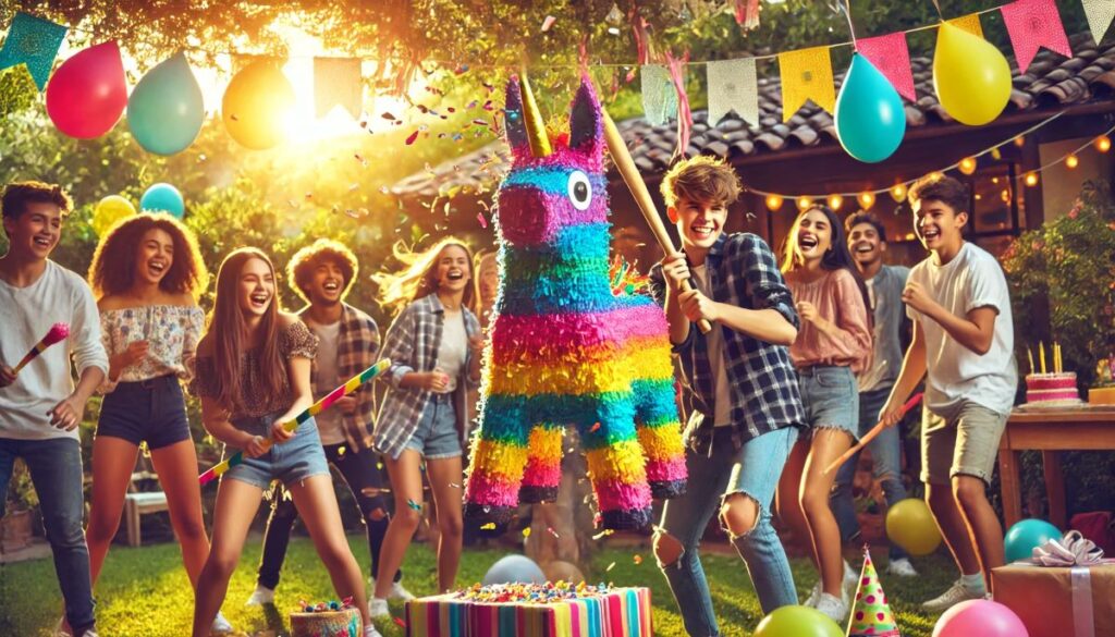 fête anniversaire ado jeu pinata activité jardin baigné de soleil ballon guirlande adolescent bonbon animation célébration