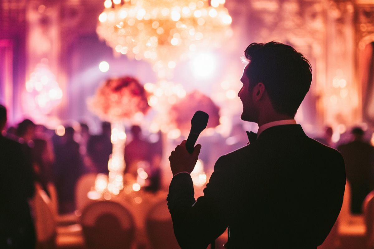 photo pour site de mariage, image Hôte d'événement avec un microphone lors d'une soirée de luxe