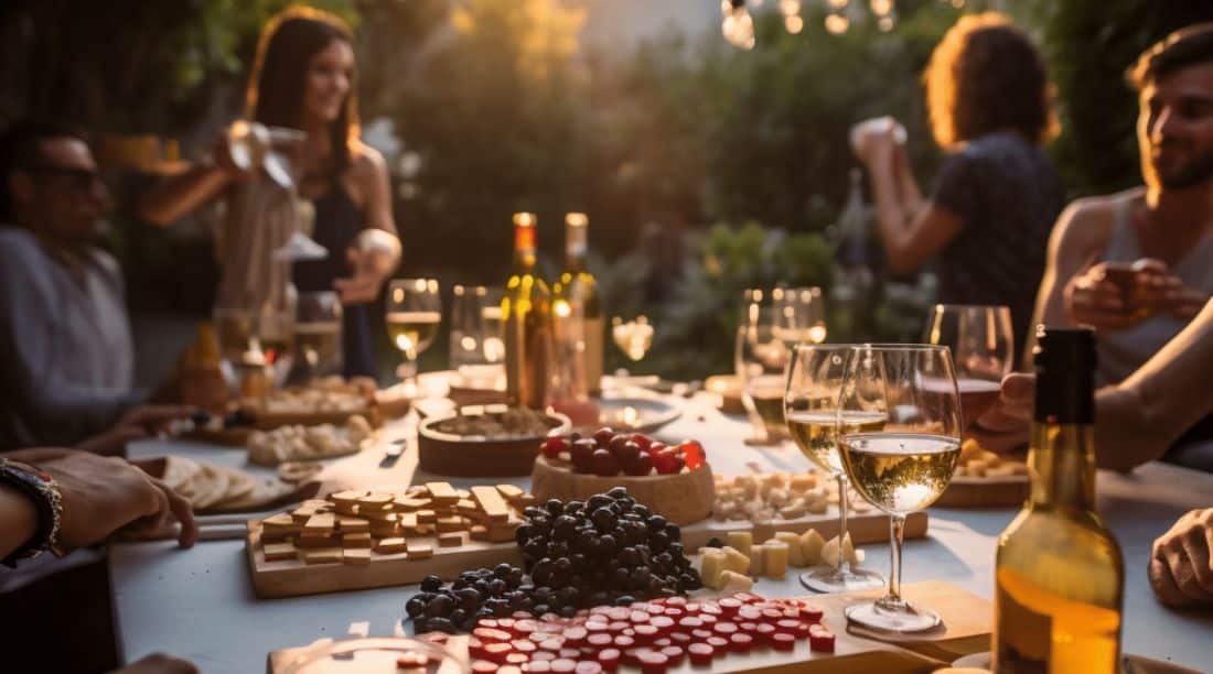 pendaison crémaillere table exterieur soir planche fromage charcuterie fruit vin blanc invités mange repas tablée