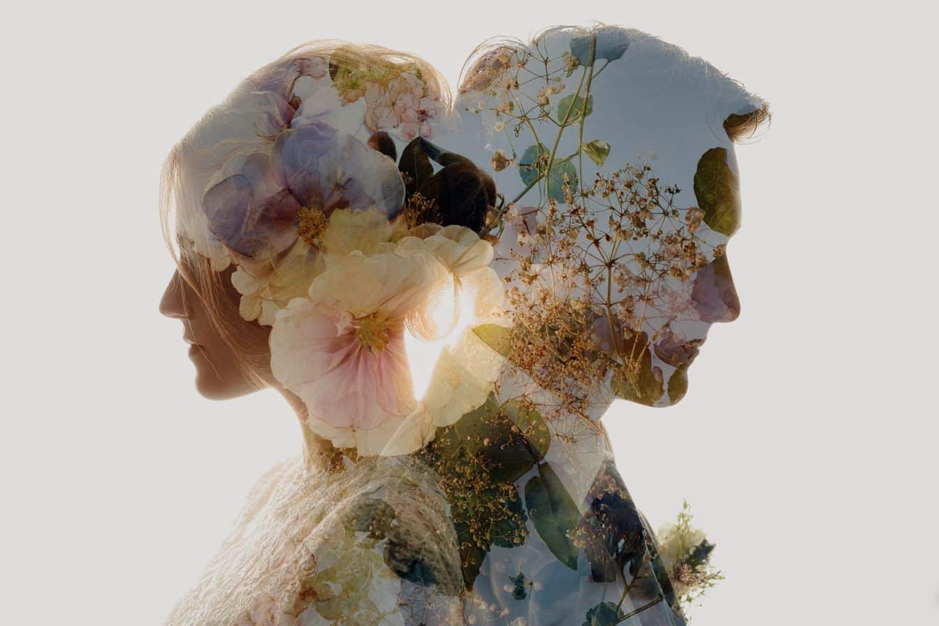 Photographie artistique de mariage en double exposition mêlant silhouettes et fleurs