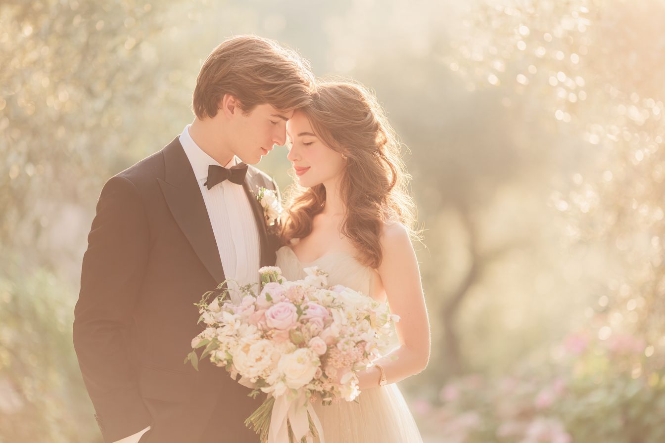 Mariés dans un jardin au coucher du soleil, style photographie Fine Art avec lumière douce et tons pastel