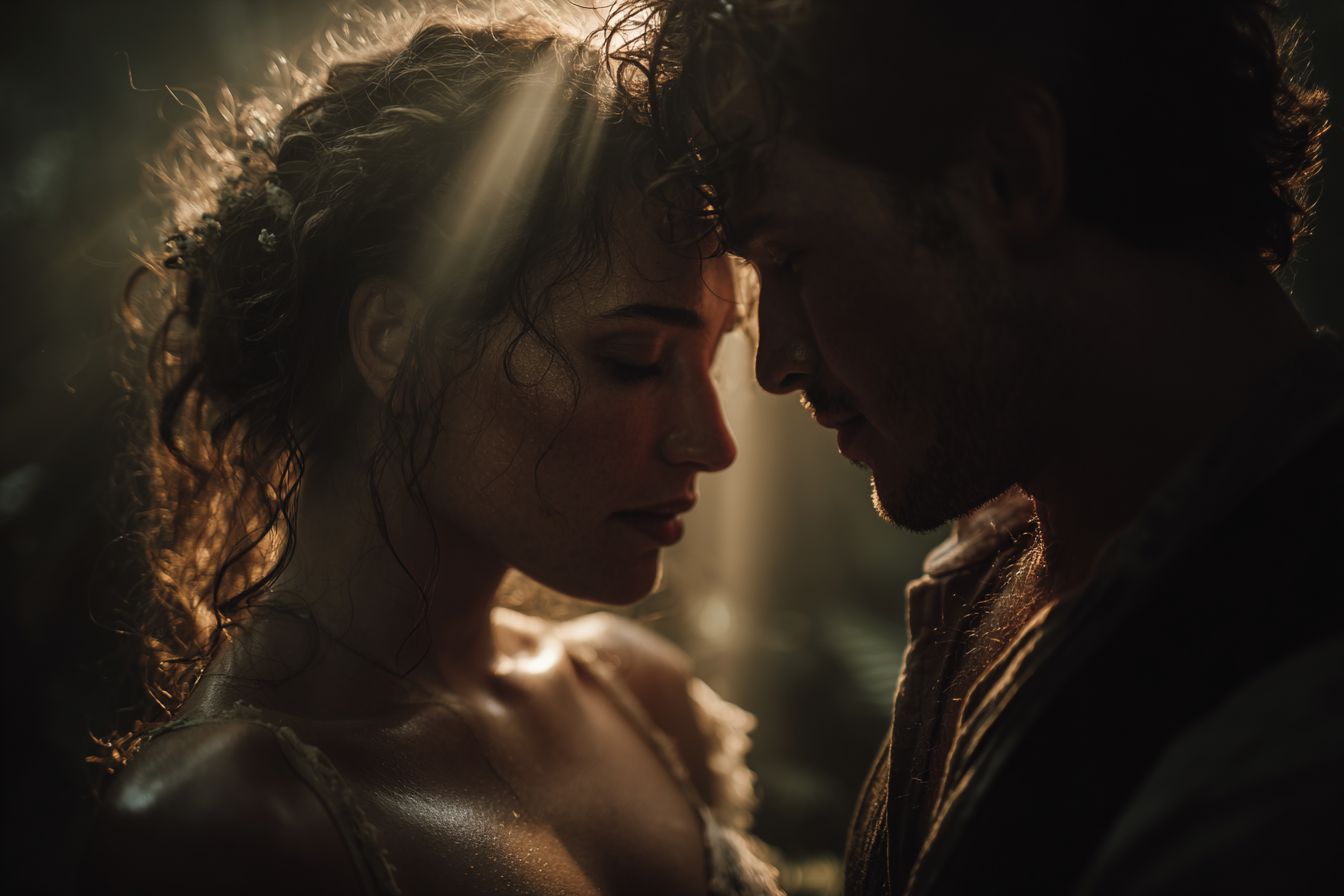 Mariés dans une forêt brumeuse, style photographie de mariage Moody avec contrastes profonds et lumière dramatique