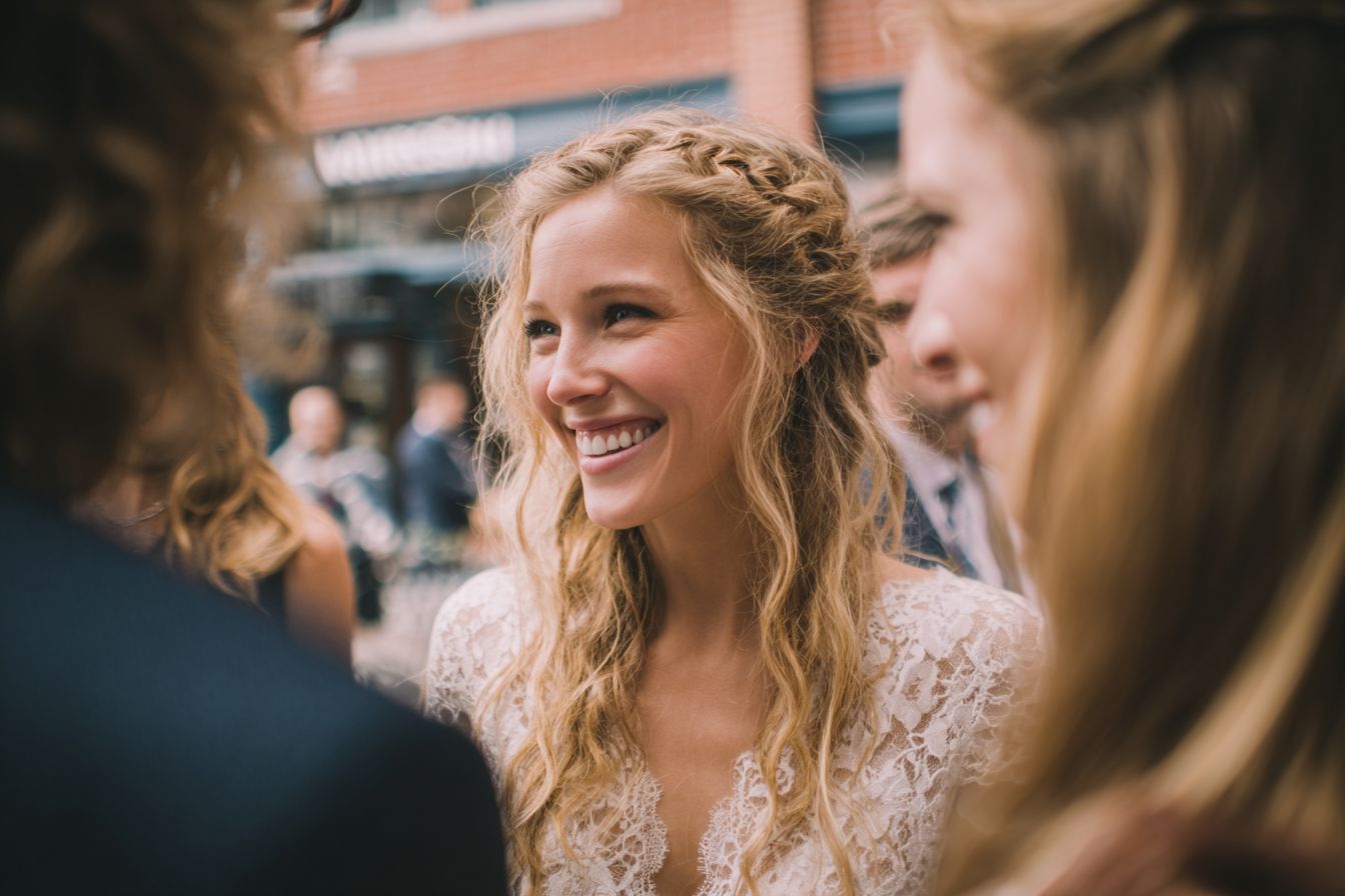 Mariée riant avec ses invités lors d’un vin d’honneur, style photojournalistique naturel et spontané