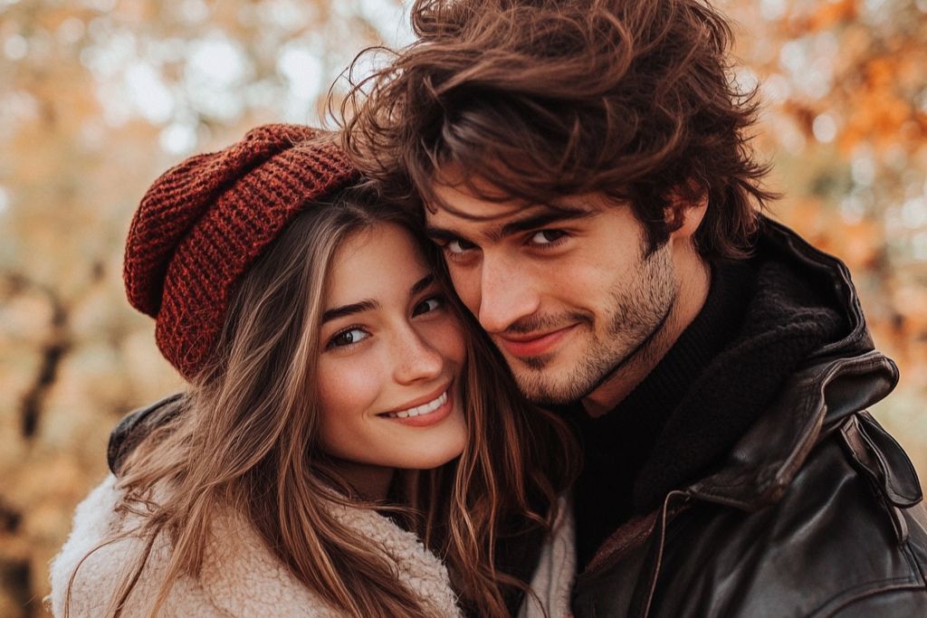 homme femme amoureux couple photographie extérieur en hiver bonnet blouson automne