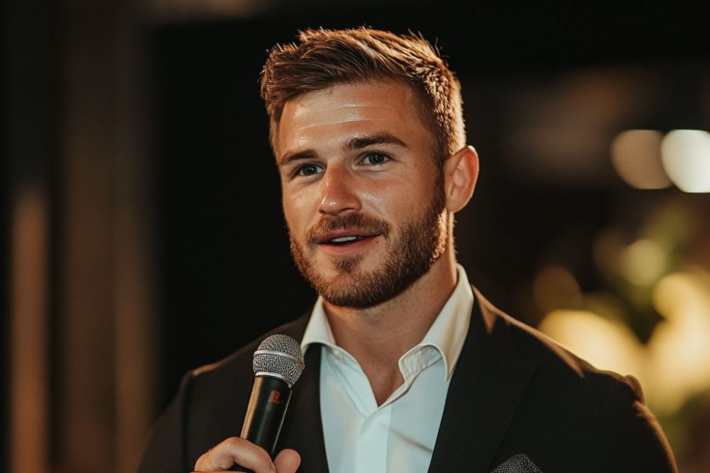 homme au micro dans un mariage costume noire témoin marié voeux