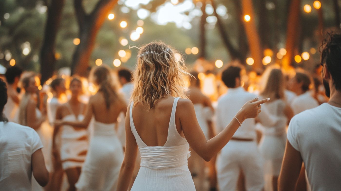 soirée avec des personnes en tenue blanche dans un parc robe mariée
