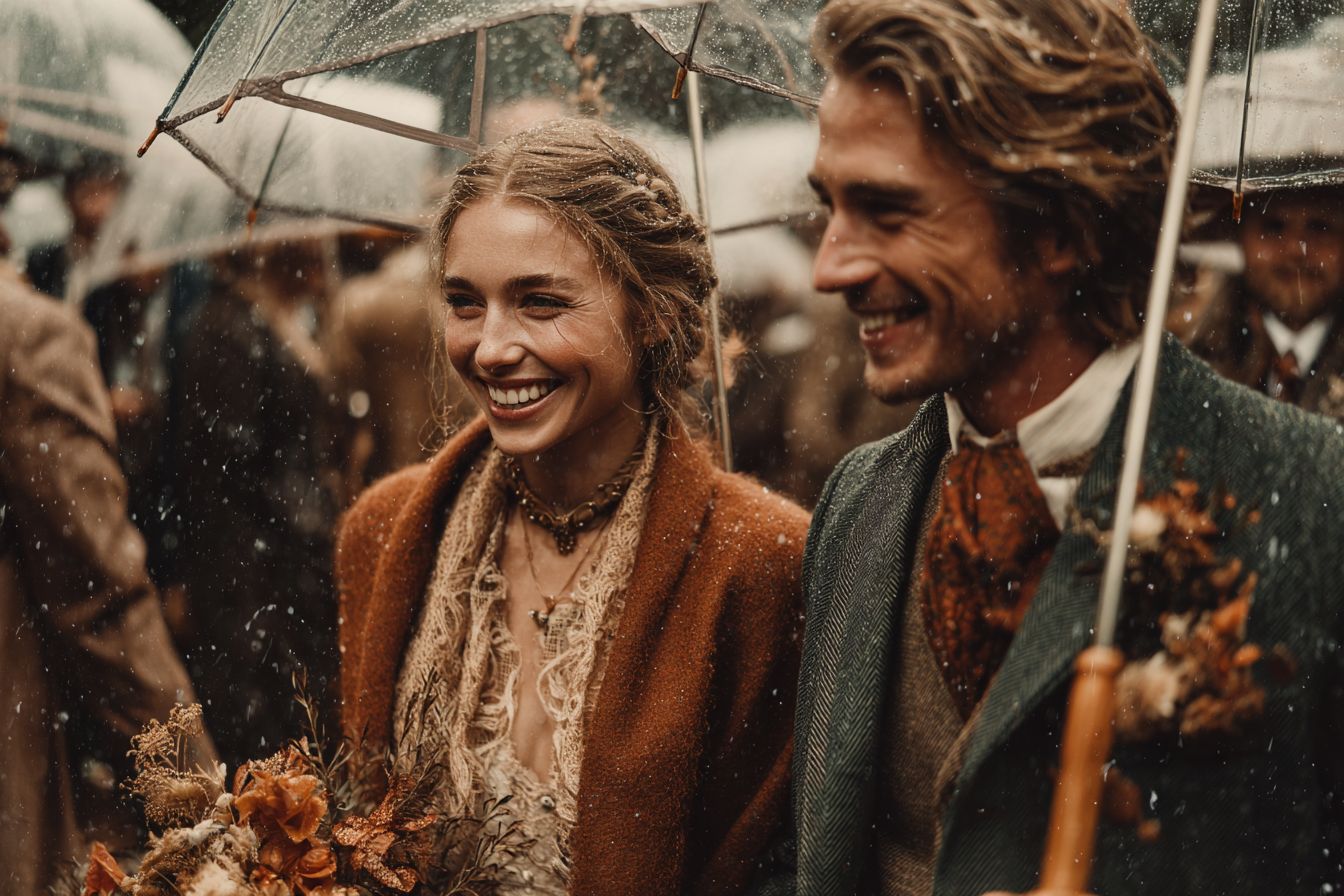 Mariage d'automne tendance sous la pluie, invités souriants avec parapluies transparents