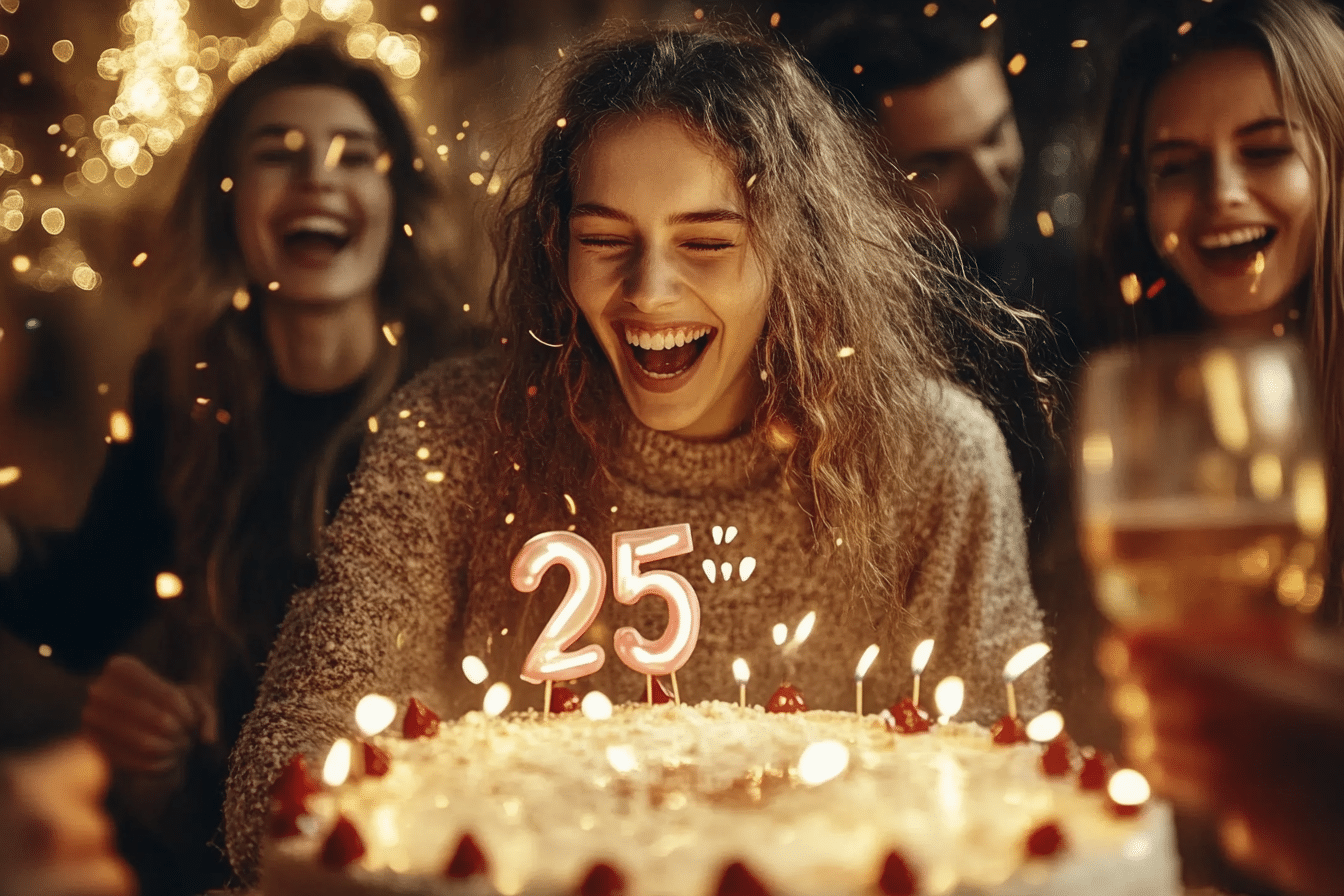 25 ans souffle ses bougies avec le chiffre 2 et 5 sur un gâteau d'anniversaire, entouré de proches avec des expressions émues et heureuses champagne