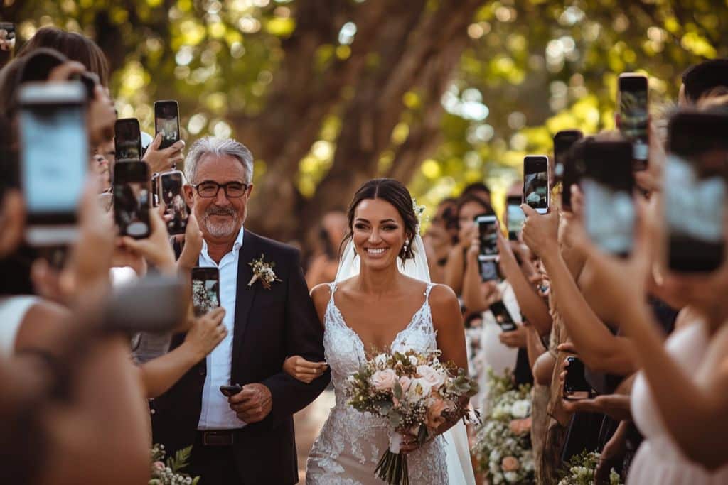entrée de la mariée au bras de son père haie invités smartphone photo et vidéo