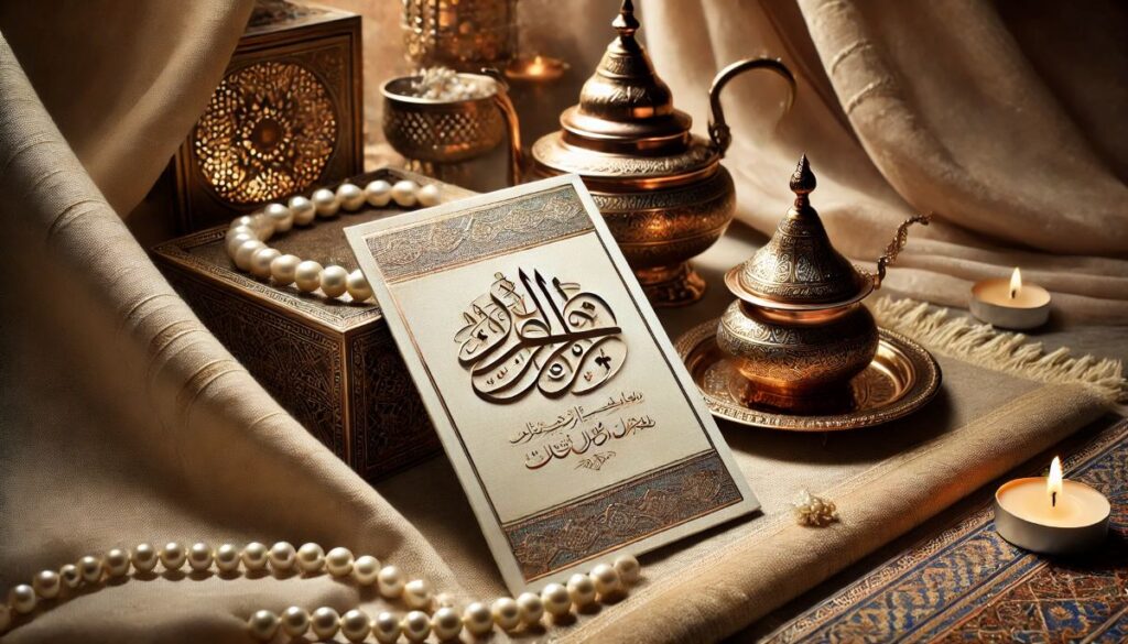 faire-part de mariage oriental avec une calligraphie arabe dorée ou argentée, accompagné de symboles traditionnels comme un plateau en cuivre, des perles et une théière marocaine