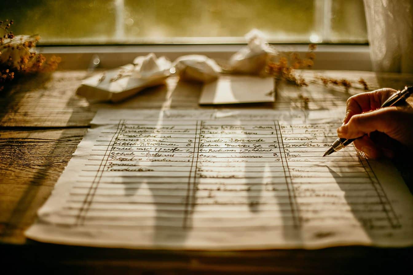 Gros plan sur une liste d’invités de mariage manuscrite, avec un nom barré au stylo et des éléments de papeterie autour, illustrant la difficulté d’un mariage en petit comité