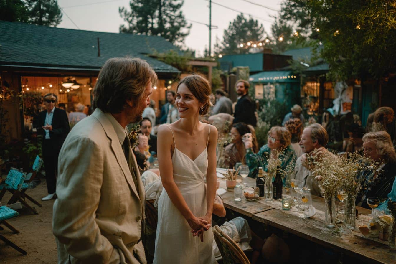 couple mariés célébration mariage dans le jardin de maison avec peu d'invités scène été
