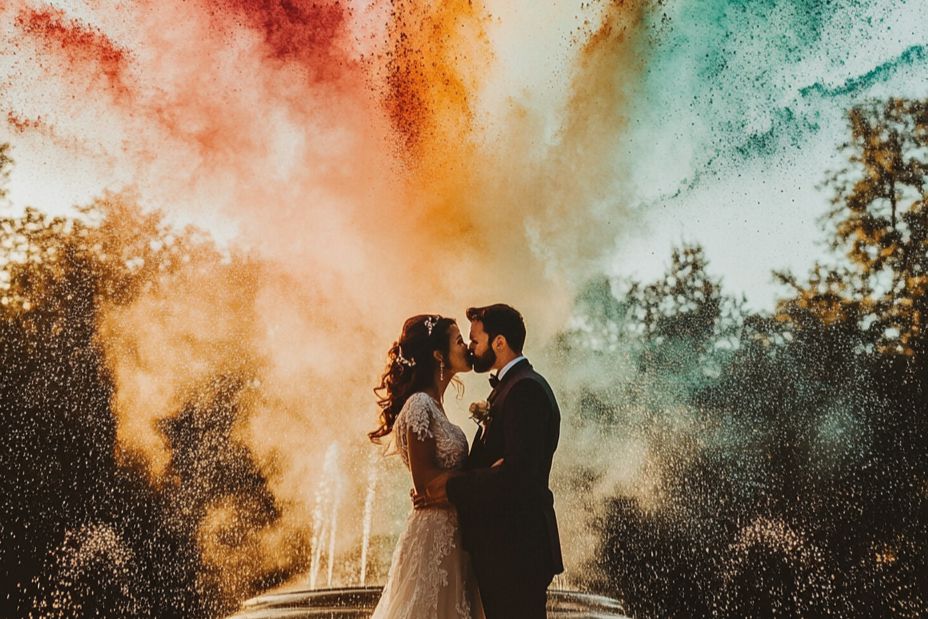 photo originale des mariés fumigène couleur dans le ciel explosion bisou