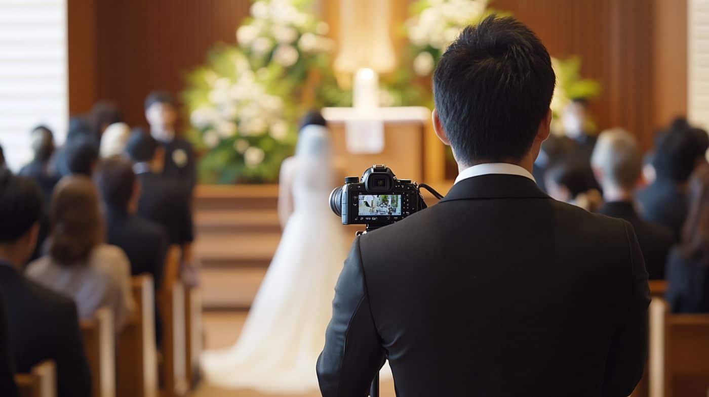 photographe mariage de dos à l'église allée central sur trépied robe blanche au fond de la mariée