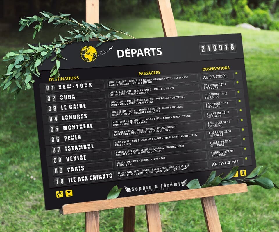 tableau destination aéroport plan de table décalé mariage voyage invité numéro chevalet