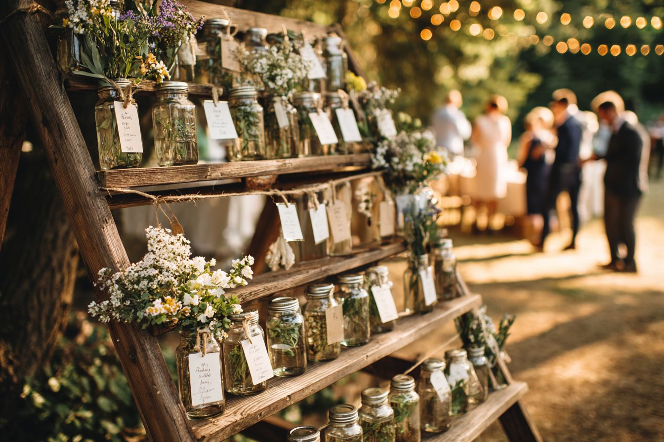 Galerie de plans de table mariage créatifs avec échelle bois, miroir vintage et présentoirs originaux à l'entrée venue
