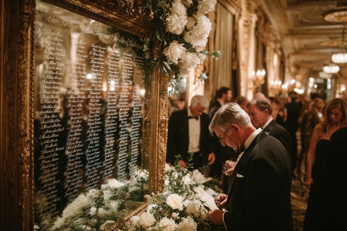Plan de table mariage vintage sur miroir ancien avec calligraphie blanche et pivoines luxueuses