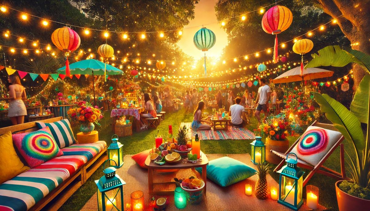 fete été summer party guirlande jardin canapé palette bois lanterne coucher de soleil invités