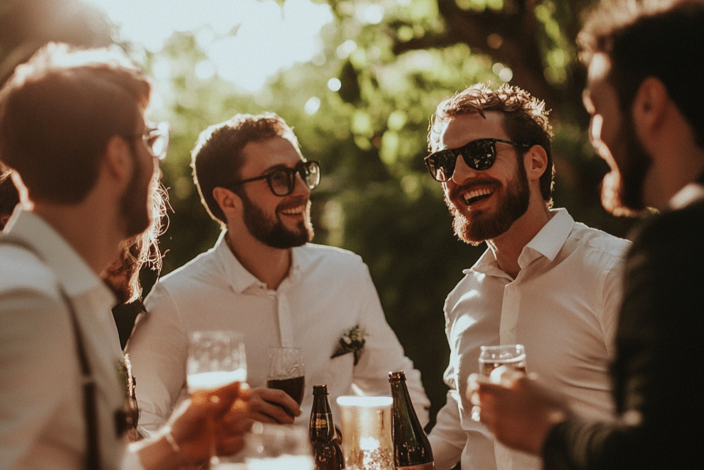 week end mariage entre amis petit comié bière jardin au soleil lunettes invités chemises blanches groupe hommes