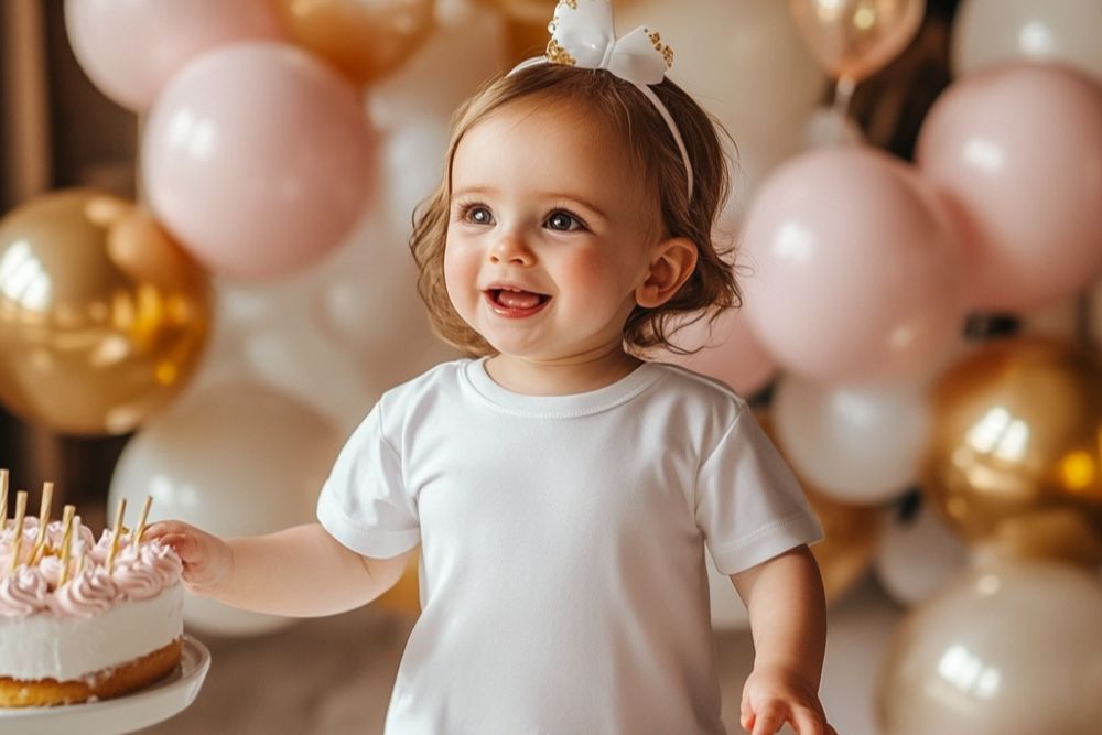 anniversaire bébé 1 an fille habillée en blanc ballons gonflable doré rose blanc nacré gâteau bougie
