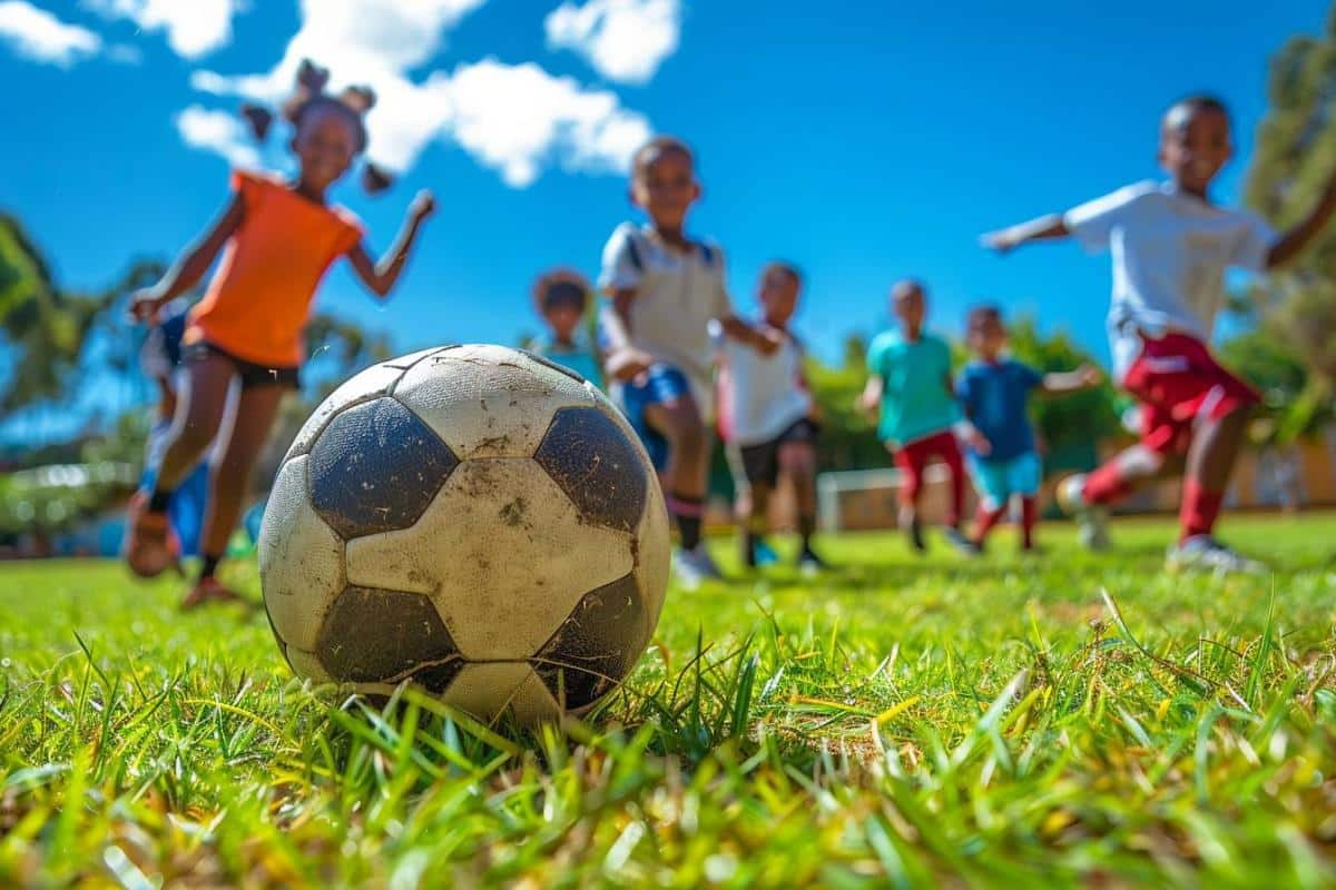 pov ballon de football pelouse jardin enfant jouant sous un ciel bleu