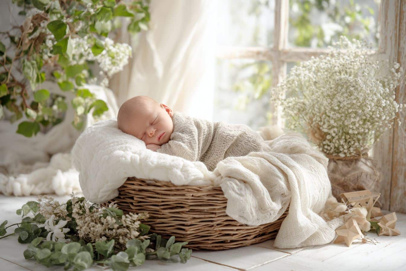 Photo de naissance originale montrant un bébé endormi dans un panier en osier décoré de couvertures douces, fleurs séchées et feuillages naturels