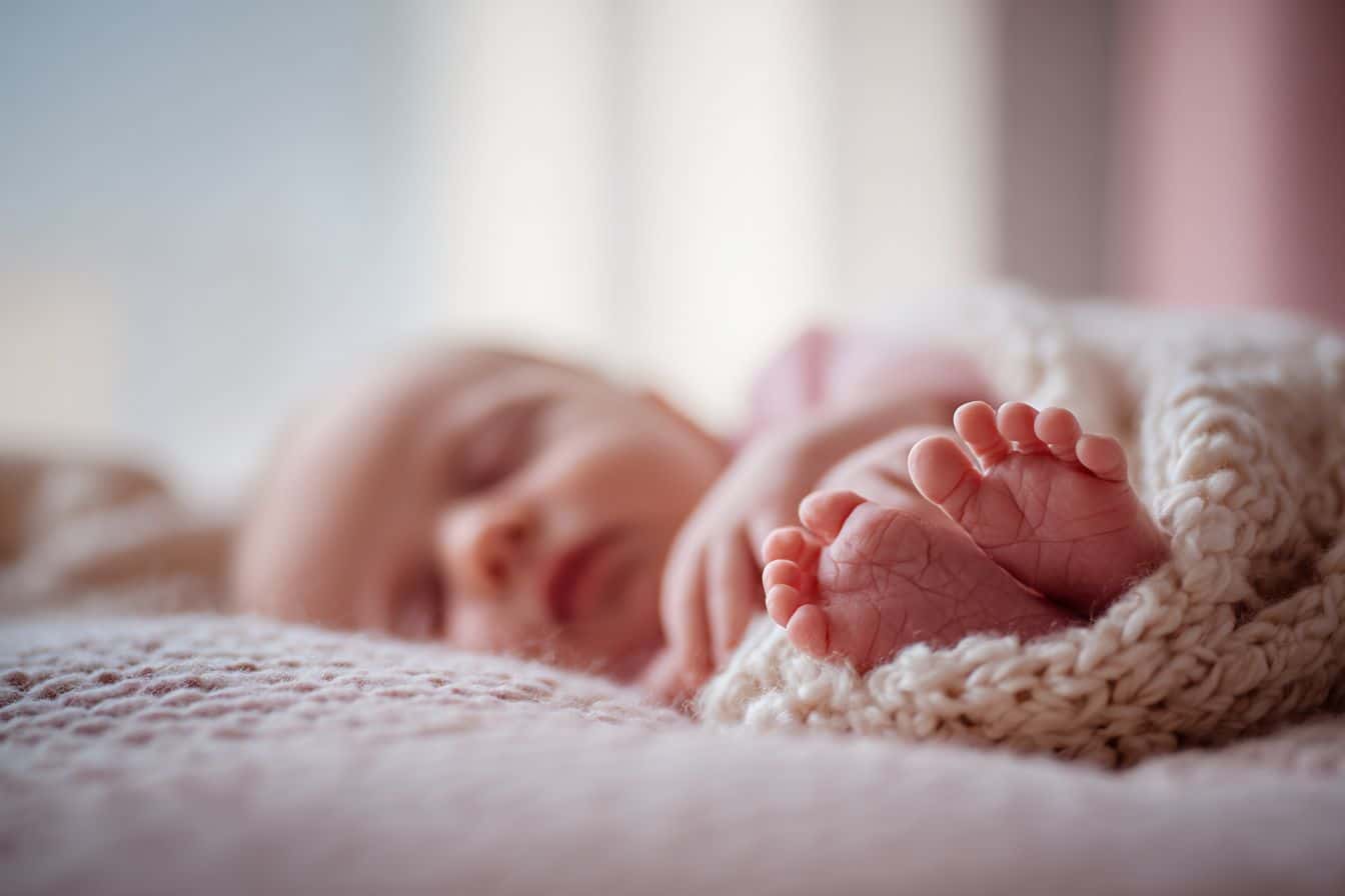 Gros plan photo de naissance originale montrant la main d’un bébé serrant un doigt, ses petits pieds posés sur une couverture et un regard qui s’ouvre à la lumière