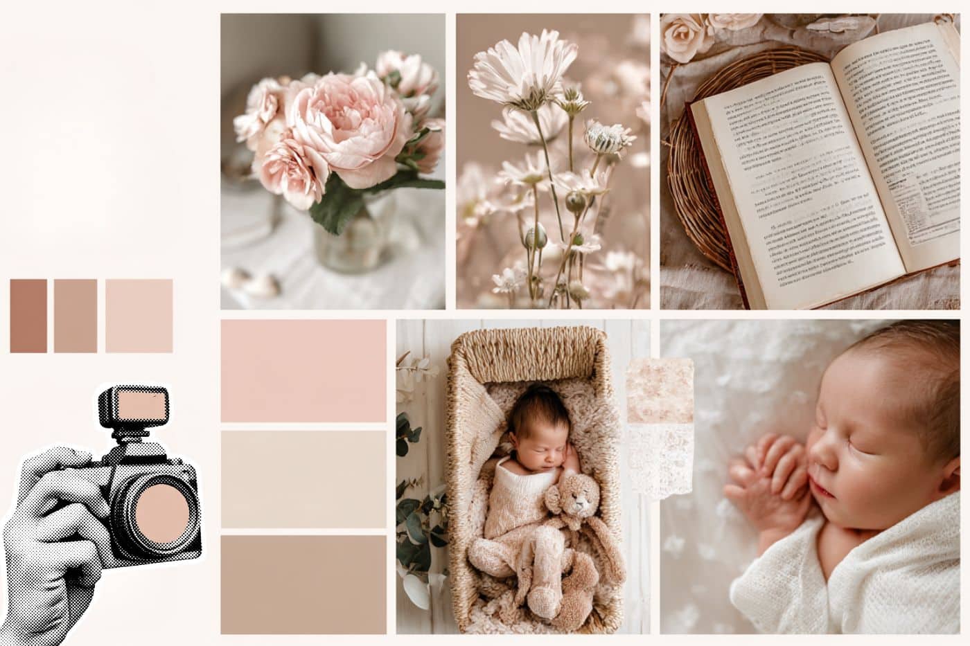 Mosaïque de photos de naissance originales : gros plan mains bébé, portrait nouveau-né dans panier osier, mise en scène créative avec accessoires vintage, 15 idées inspirantes