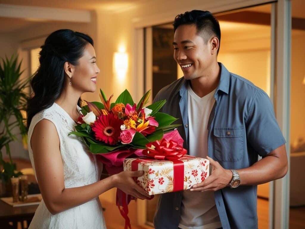 cadeau anniversaire mariage homme femme paquet bouquet de fleurs couple trentenaire mariés asiatique