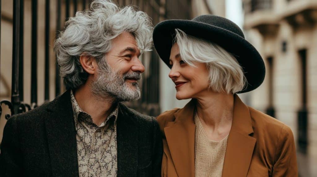 Photographie dynamique de style mode d'un couple dans la cinquantaine se regardant avec séduction, une ambiance effrontée et ludique avec du charisme entre eux, vêtements de style Jacquemus, à l'extérieur à Paris, montrant leurs superbes vêtements