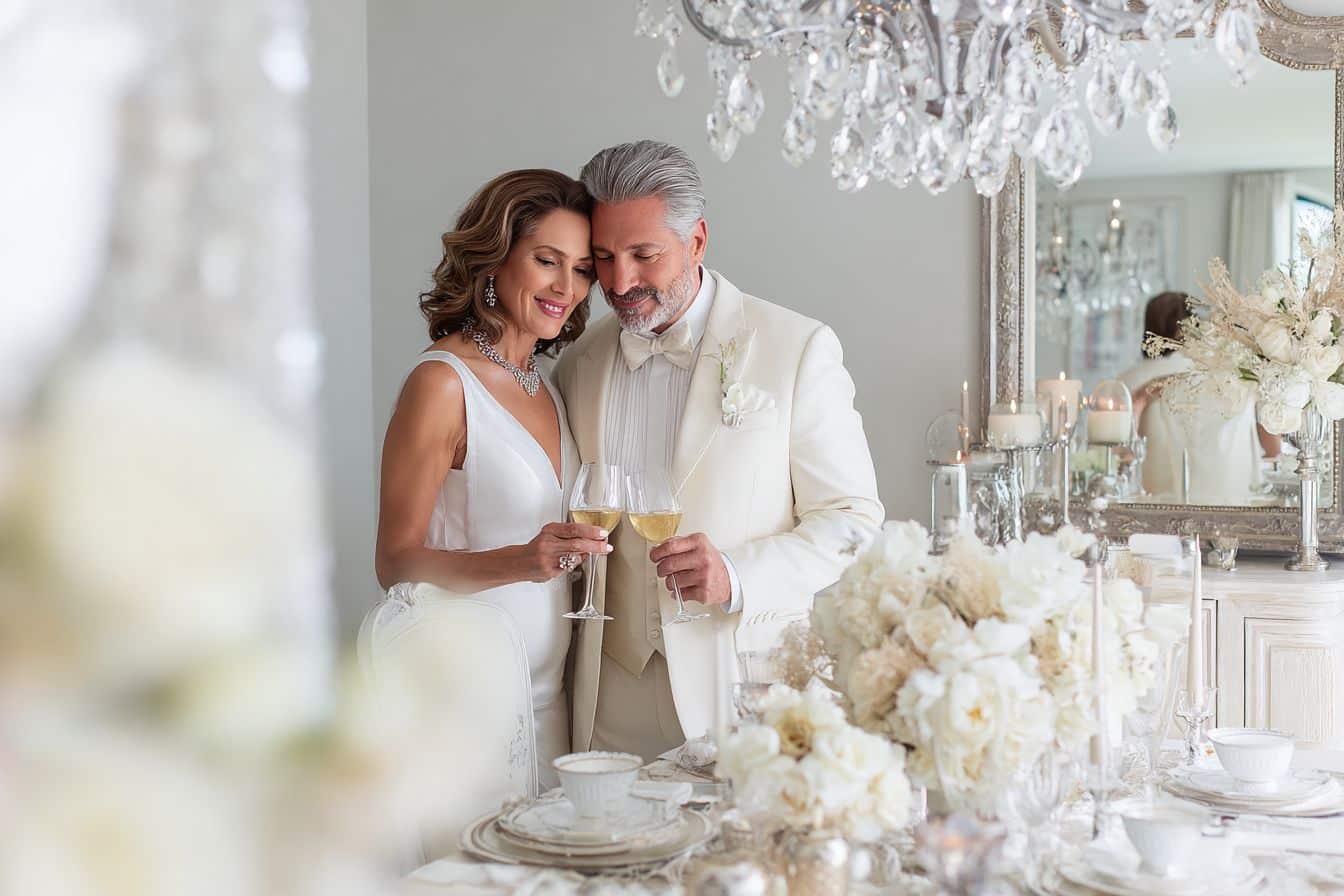 Couple élégant célébrant 20 ans mariage noces de porcelaine avec service thé et table raffinée