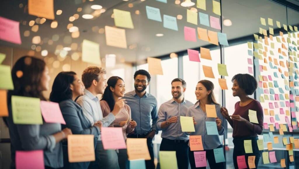 équipe interagit autour d’un mur ou d’une vitre remplie de post-it colorés. Chaque post-it représente une idée ou un objectif pour le séminaire réflexion collective