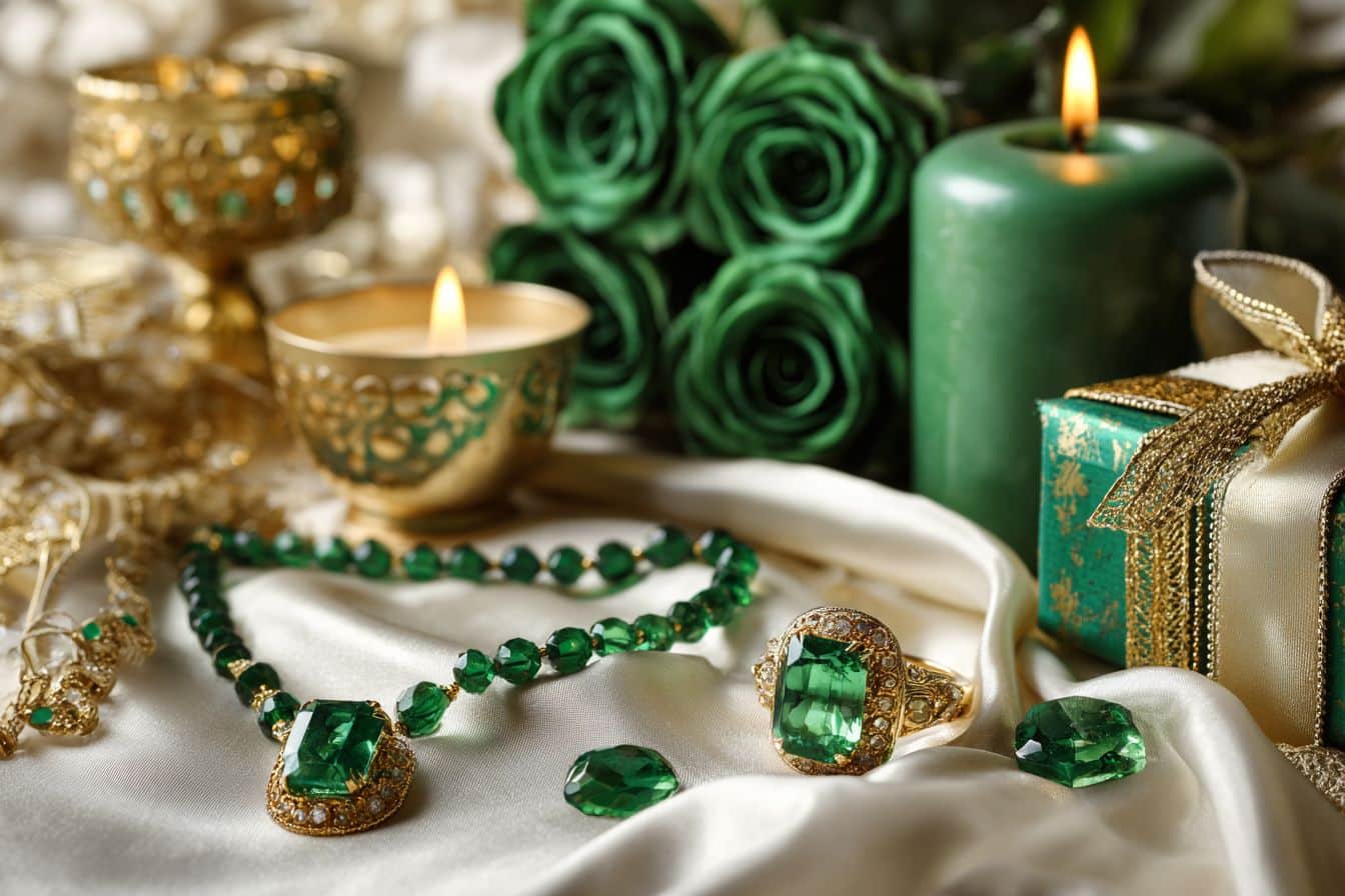 Bijoux en émeraude et cadeaux symboliques pour 40 ans de mariage sur soie blanche avec photos vintage