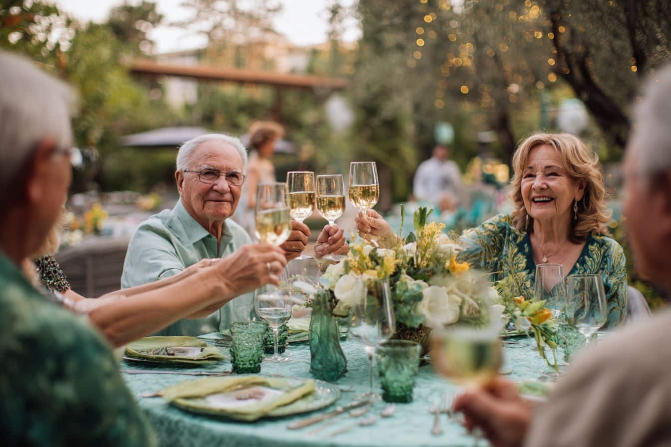Famille de trois générations célébrant noces d'émeraude avec couple de 70 ans dans jardin décoré vert et or