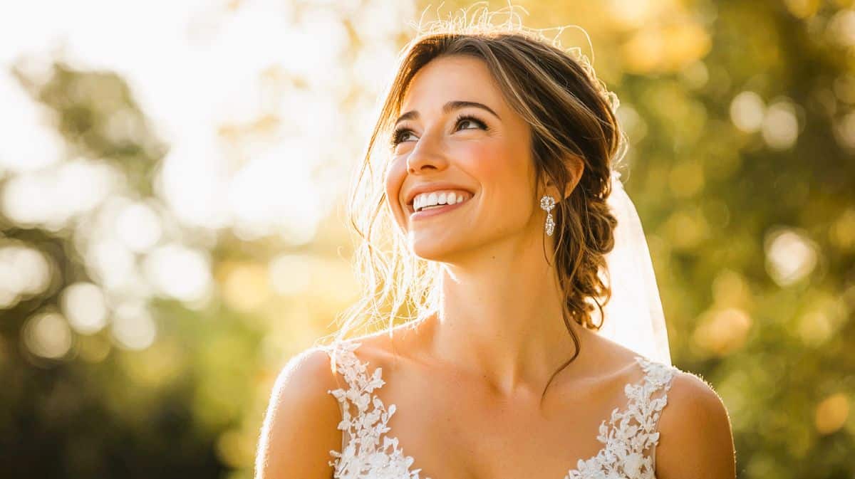 photo de mariée dans sa robe blanche en dentelle souriante et apaisé en extérieur soleil couchant