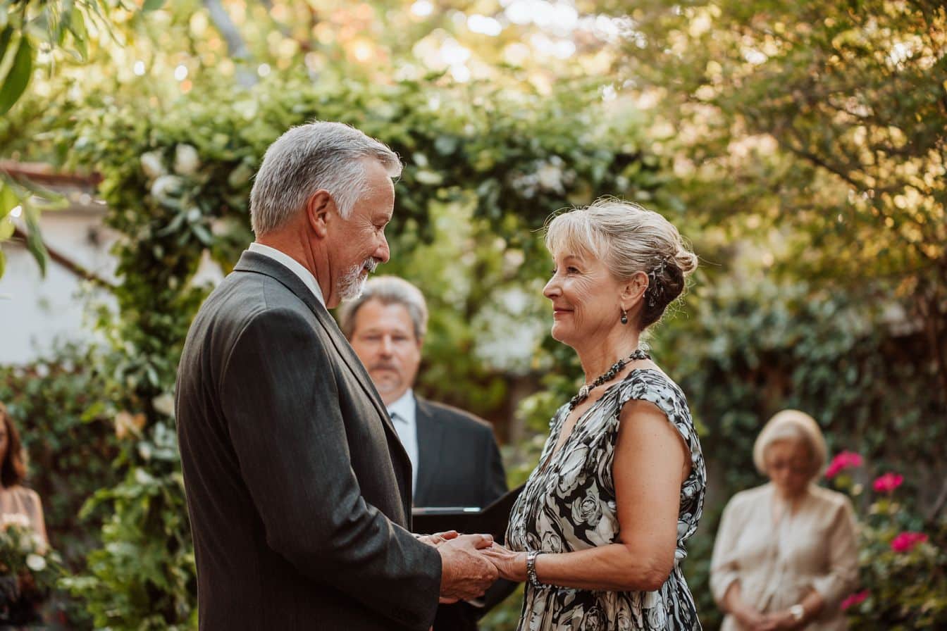 Couple de 70 ans renouvelant leurs vœux sous arche florale verte pour leurs noces d'émeraude