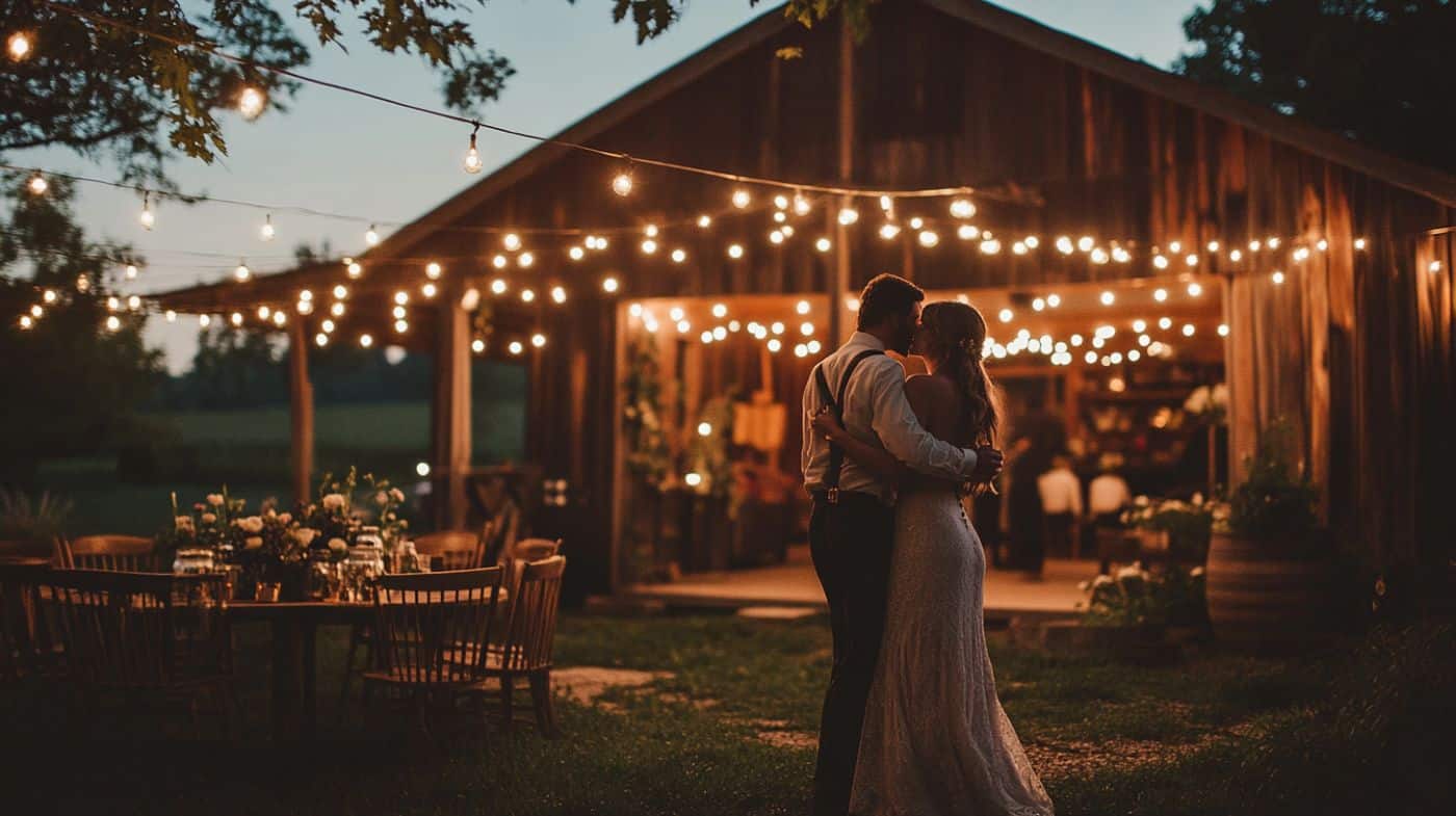 Un mariage intime en plein air dans une charmante grange de campagne, des guirlandes lumineuses douces drapées sur des poutres en bois, des chaises en bois vintage disposées en demi-cercle, des bouquets de fleurs sauvages dans des pots Mason, un couple dansant sous un ciel étoilé, des tons rustiques chaleureux, une atmosphère naturelle et chaleureuse,