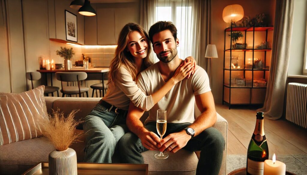 couple de jeune trentenaire assis dans leur cnapé moderne appartement classique célebre ensemble avec coupe de champagne lumiere tamisé bougie