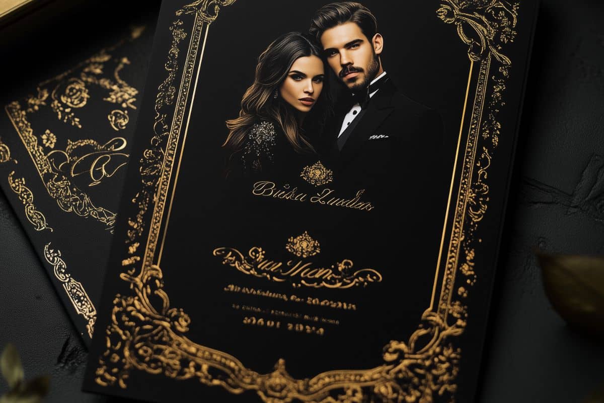 faire part moderne chic élégant couple des mariés en photo invitation de mariage noir et or papier