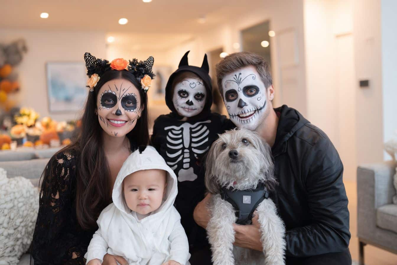 déguisement dia de los muertos famille homme femme chien enfant bébé costume halloween salon