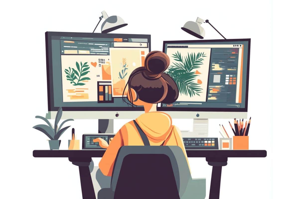 illustration d'une graphiste de dos sur son bureau double écran photoshop illustrator
